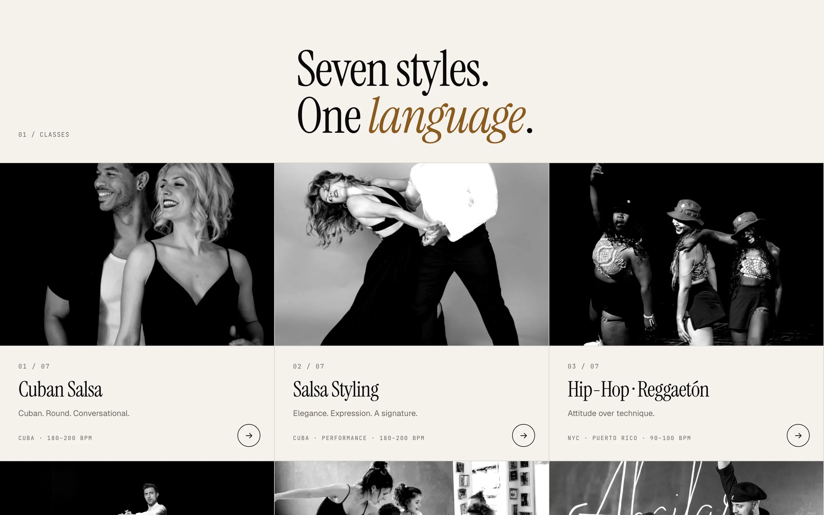 Seven styles, one language: the class grid with Cuban Salsa, Salsa Styling and Hip-Hop · Reggaetón cards