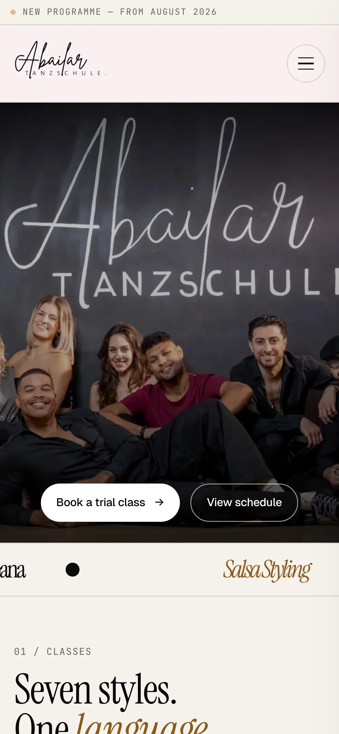 Abailar home page on a phone: logo, the team and the Book a trial class button