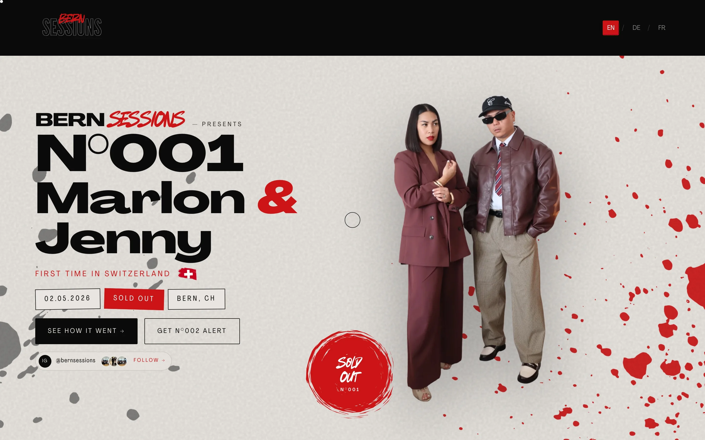Bern Sessions home page: N°001 Marlon and Jenny, first time in Switzerland, 02.05.2026, a sold-out stamp and red paint splashes behind the two artists