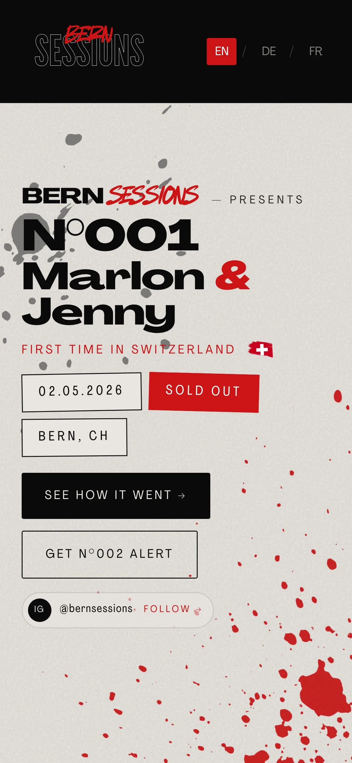 Bern Sessions home page on a phone: the N°001 lockup, date, sold-out badge and the alert button