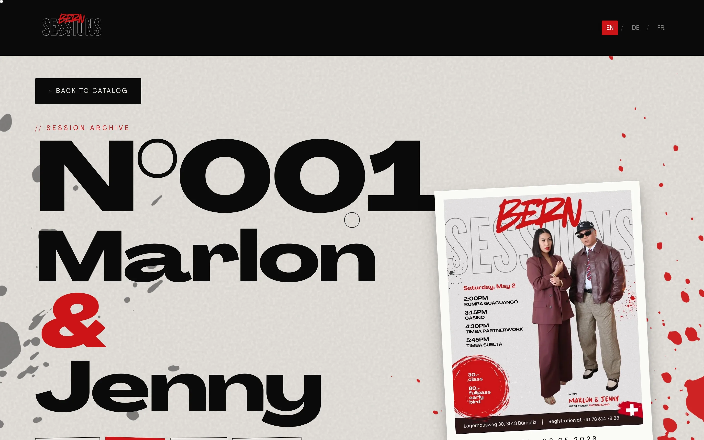 N°001 archive page: Marlon and Jenny, with the Instagram announcement poster beside the title