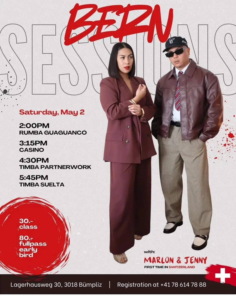 Instagram announcement for N°001: Marlon and Jenny in suits under the hand-painted Bern Sessions logo, the four workshop times, 30 francs per class or 80 for the early-bird full pass