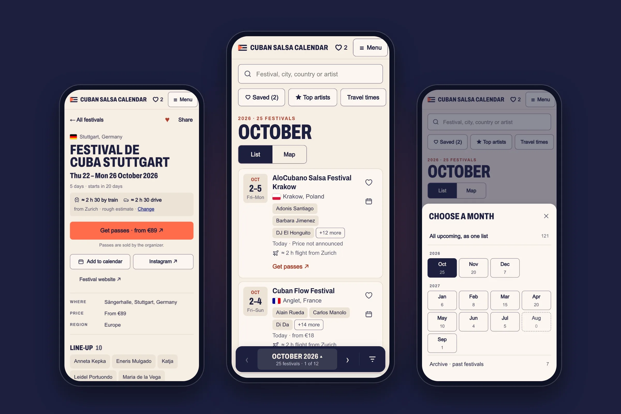 Three phones showing the new Cuban Salsa Calendar: a festival page, the October list and the month picker