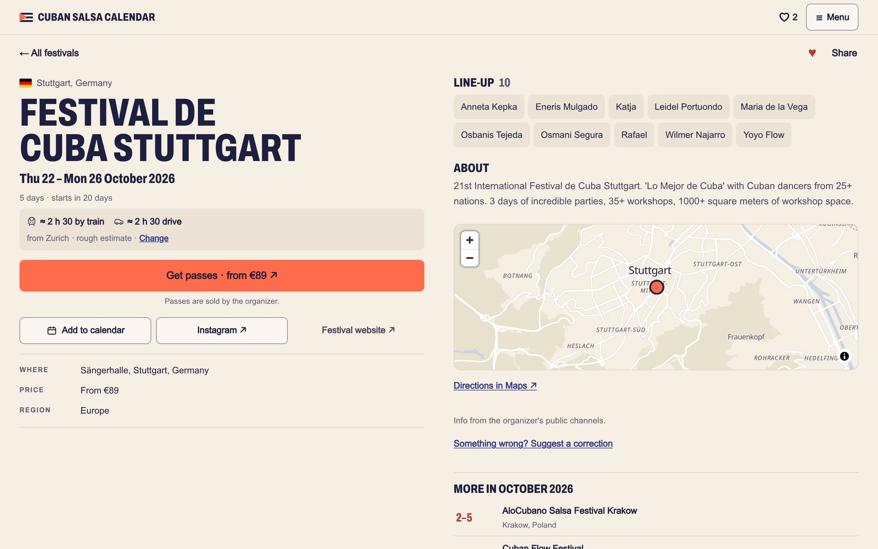 Festival de Cuba Stuttgart page on desktop: dates, train and drive times from Zurich, Get passes button, calendar and Instagram buttons, line-up of 10 artists and a map of Stuttgart
