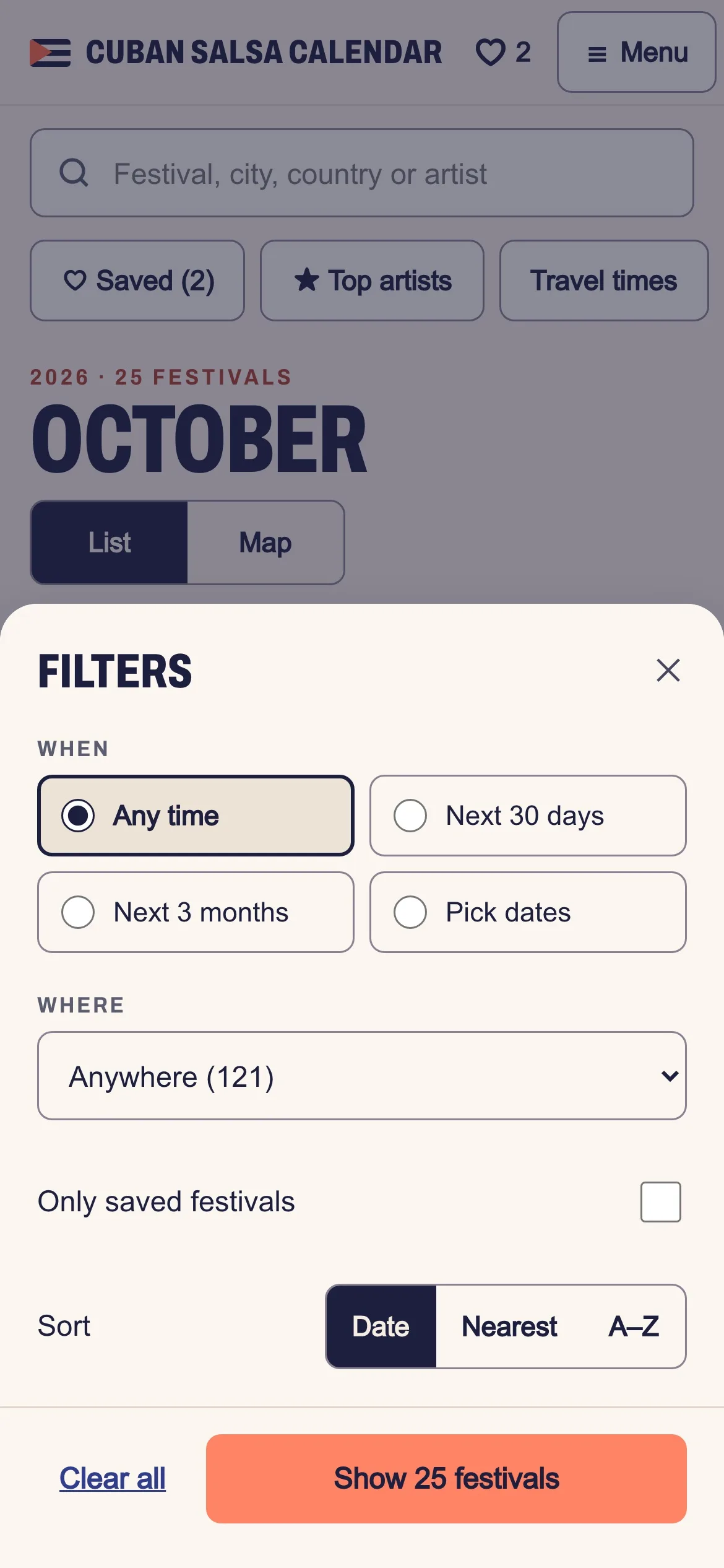 Filters sheet: when, where, only saved festivals, sort, and a Show 25 festivals button
