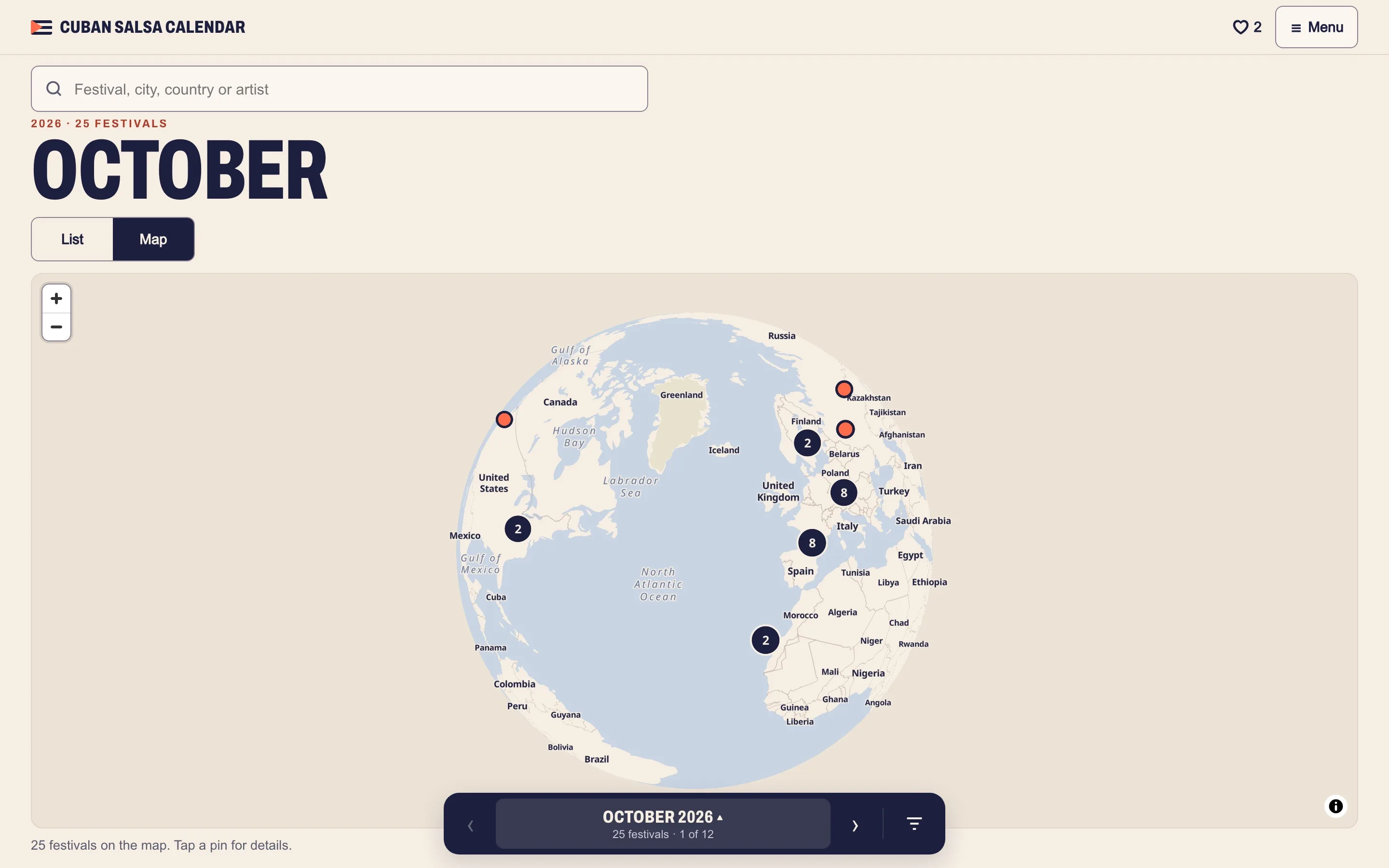 Map view of October: pins and clusters across North America and Europe
