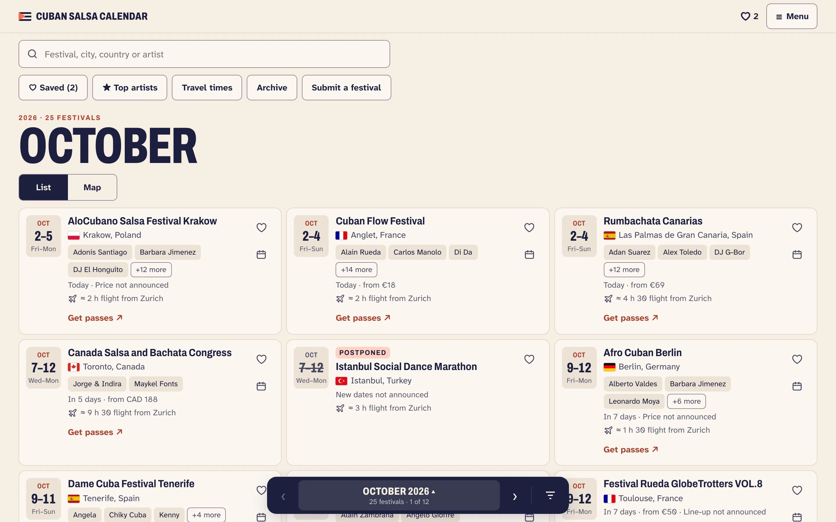 The new October month page on desktop: search, festival cards with artists, travel times and the month dock