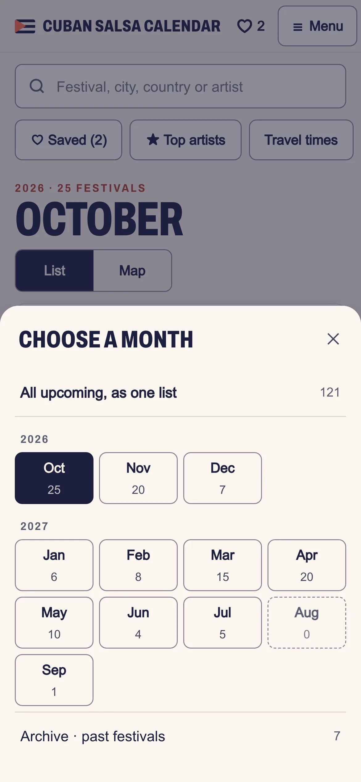 Choose a month sheet: a grid of months with festival counts, empty months dashed
