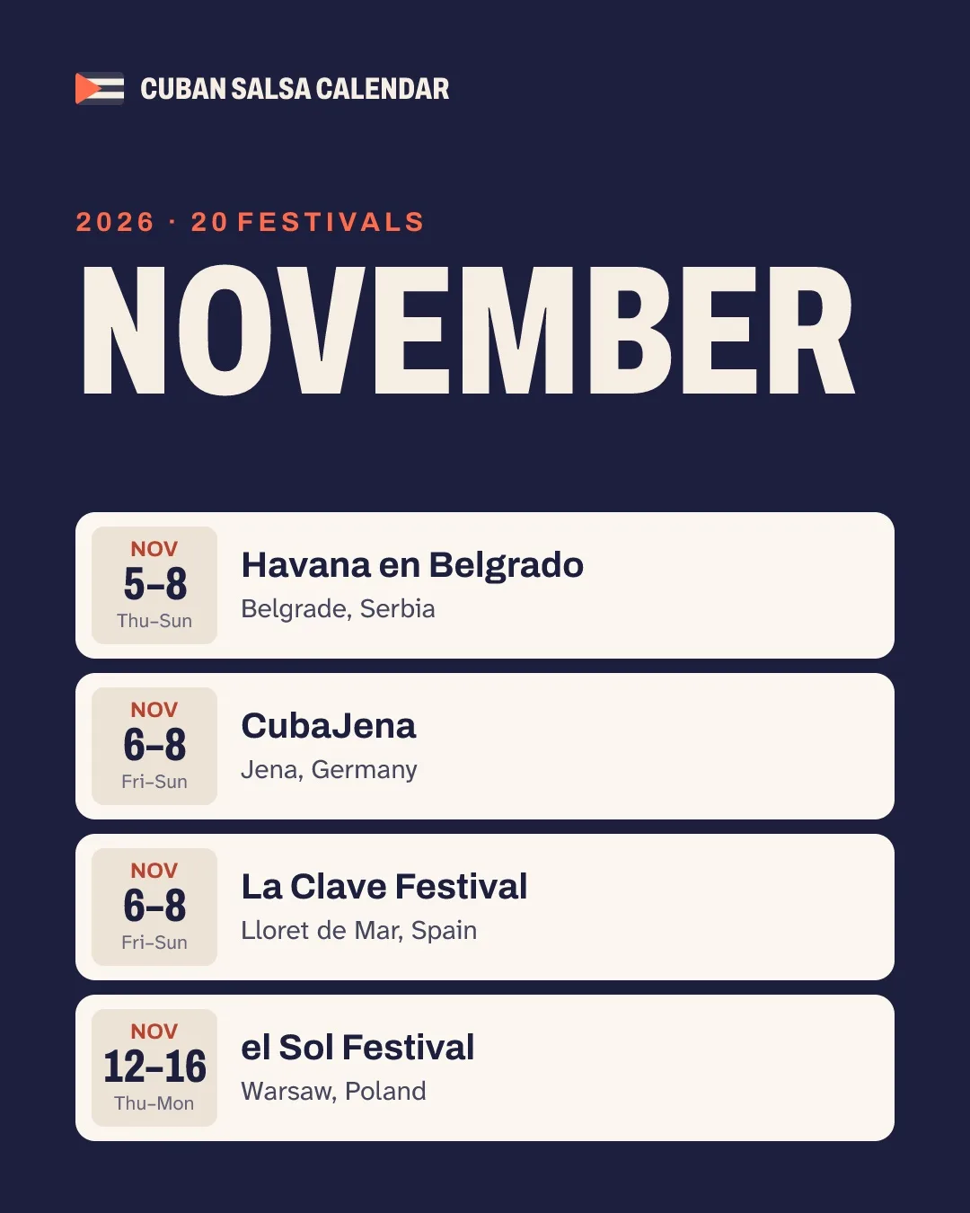 Navy post: November, 20 festivals, with four festival cards and their date blocks