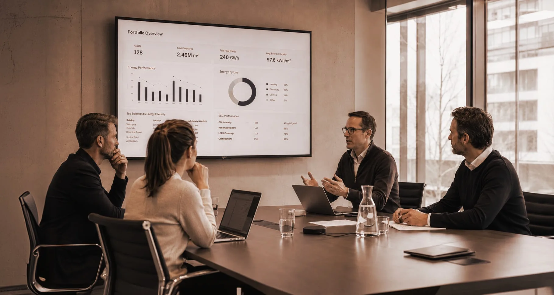 Real estate managers reviewing a portfolio energy dashboard