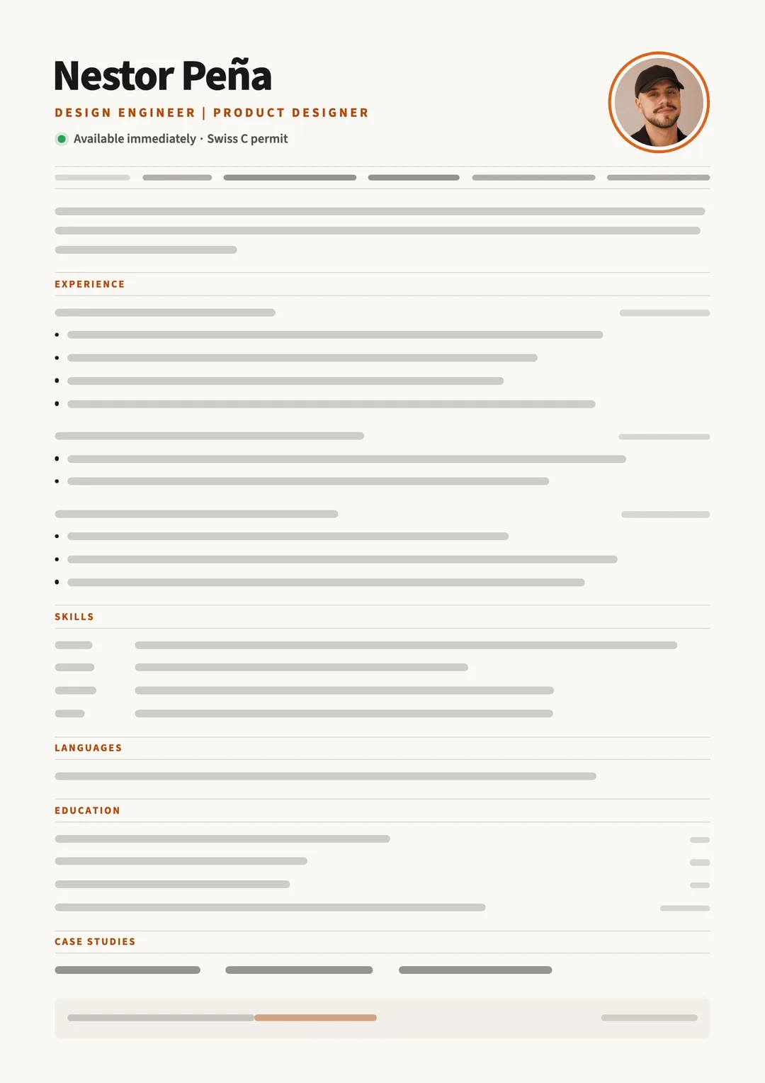 CV page as a skeleton: name, title and section labels, with every line of text replaced by a bar