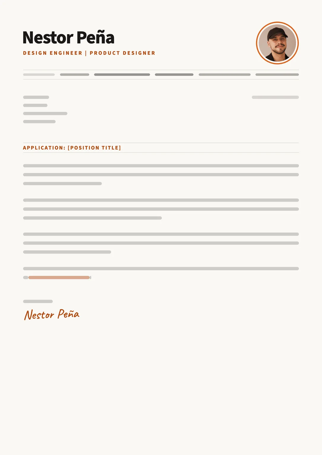 Cover letter page as a skeleton: name, title and subject, with every line of text replaced by a bar