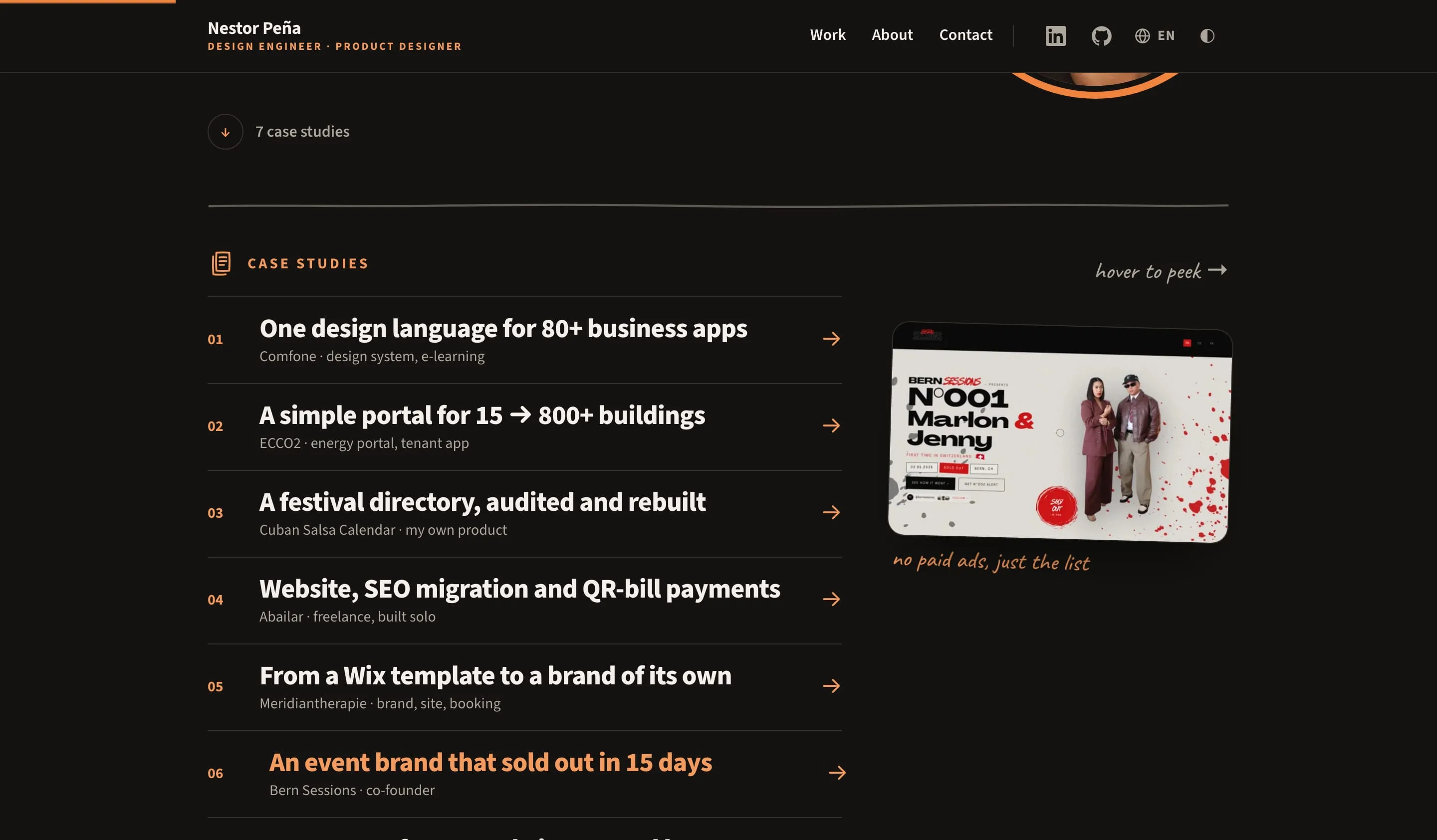 Case study index on the home page: seven one-line rows, with a hover preview of the Bern Sessions case and its handwritten note